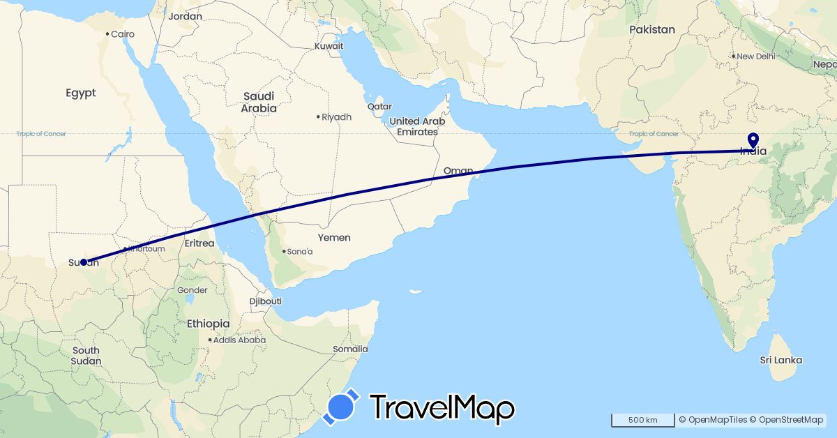 TravelMap itinerary: driving in India, Sudan (Africa, Asia)